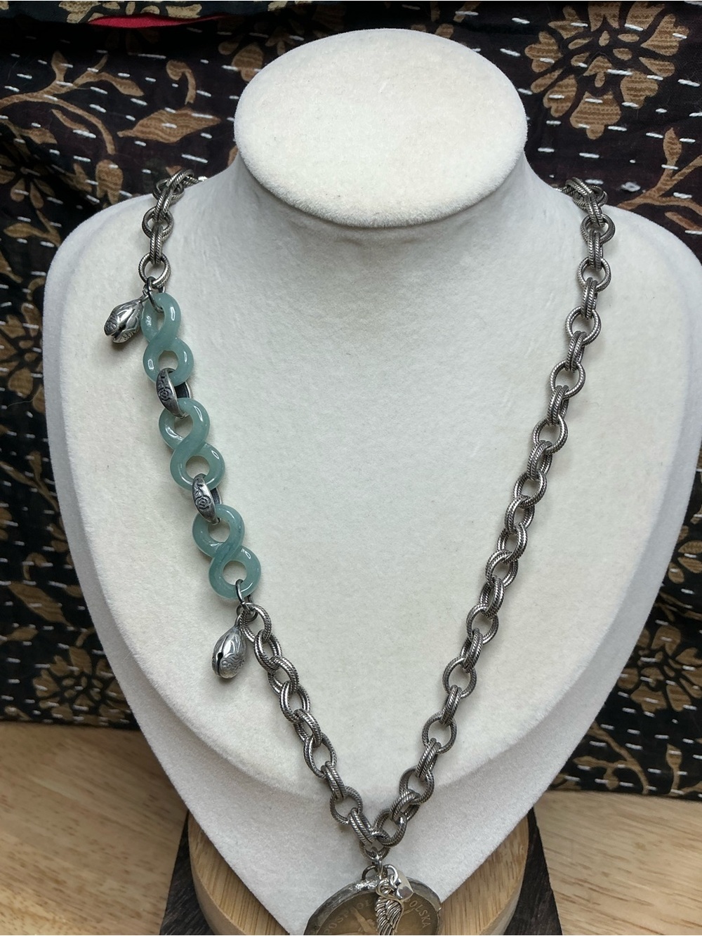 Antique Silver Rollo Necklace 17” with Angel Coin and Blue Water Jade Connectors - Picture 6 of 10